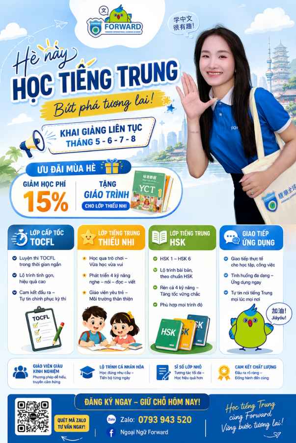 Khóa Học Tiếng Trung Hè 2026 Tại Forward – TOCFL, HSK, Giao Tiếp & Thiếu Nhi